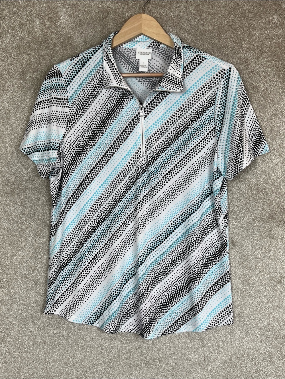 Weekends by Chico's Shirt Womens 1 Blue White Polo Zip Stretch Pullover- 4935